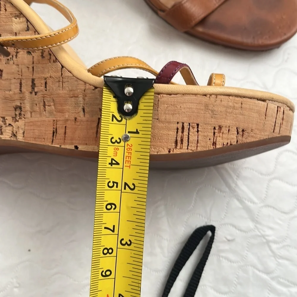 Prada tan and burgundy patent leather strappy cork platform wedge sandals